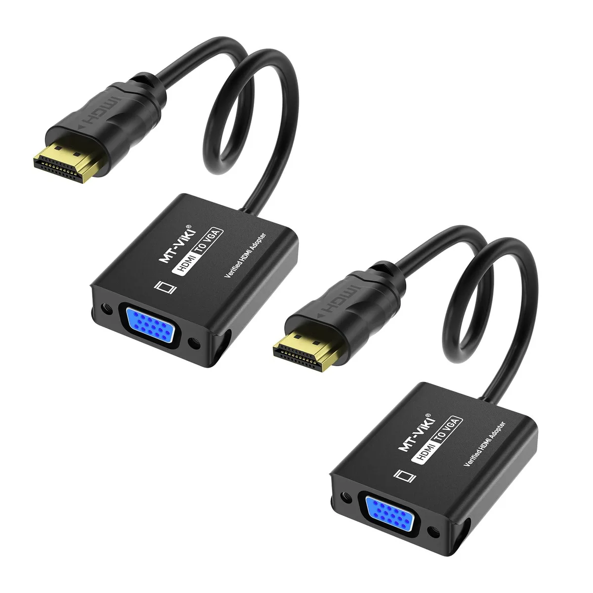 Two gold HDMI-to-VGA adapters, male HDMI to female VGA, compact matte black bodies