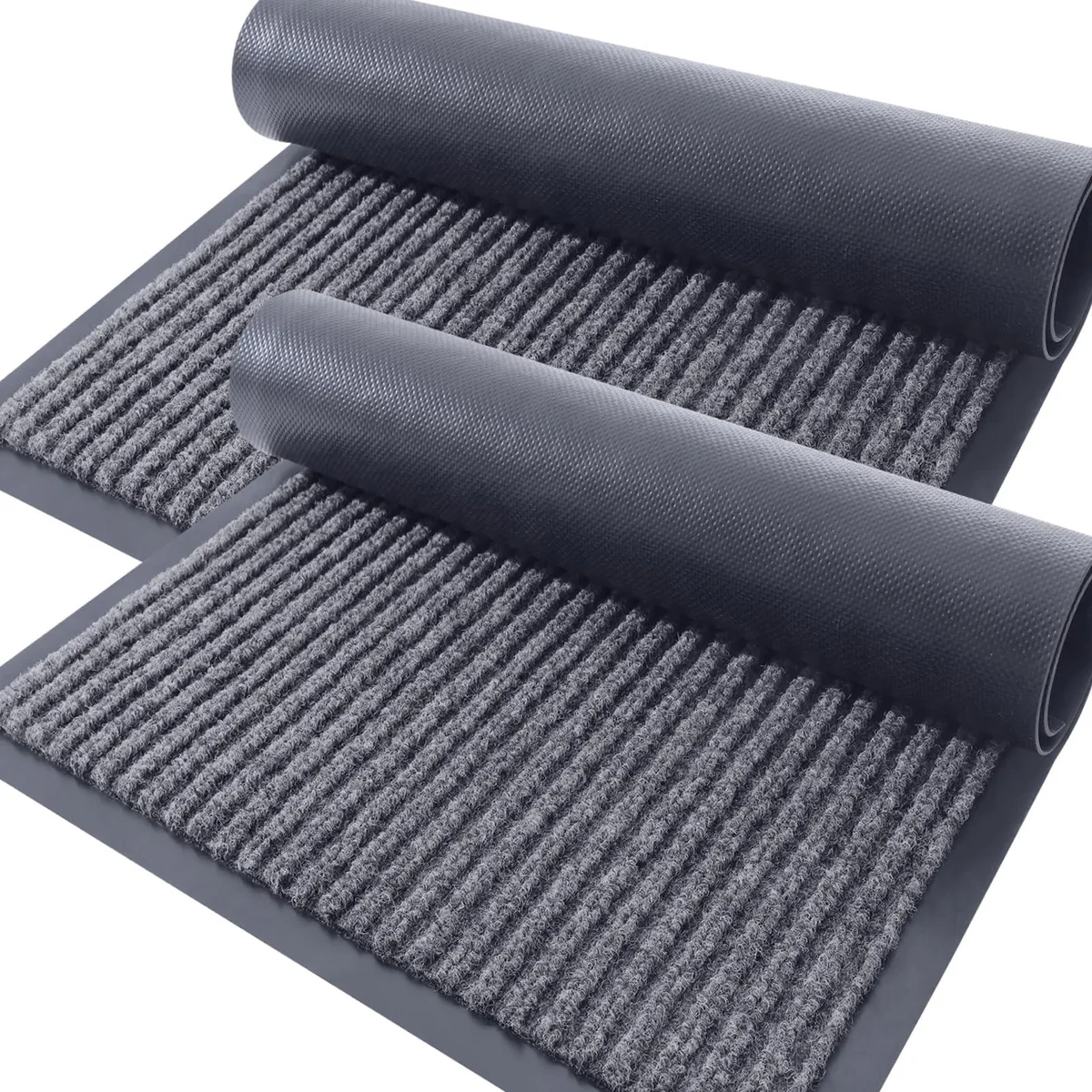 Two grey striped rectangular doormats low profile polyester PVC backing