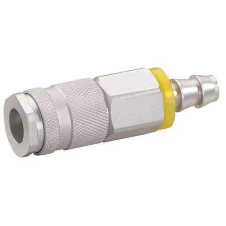 Small aluminum quick-connect socket with barbed hose end and anodized finish