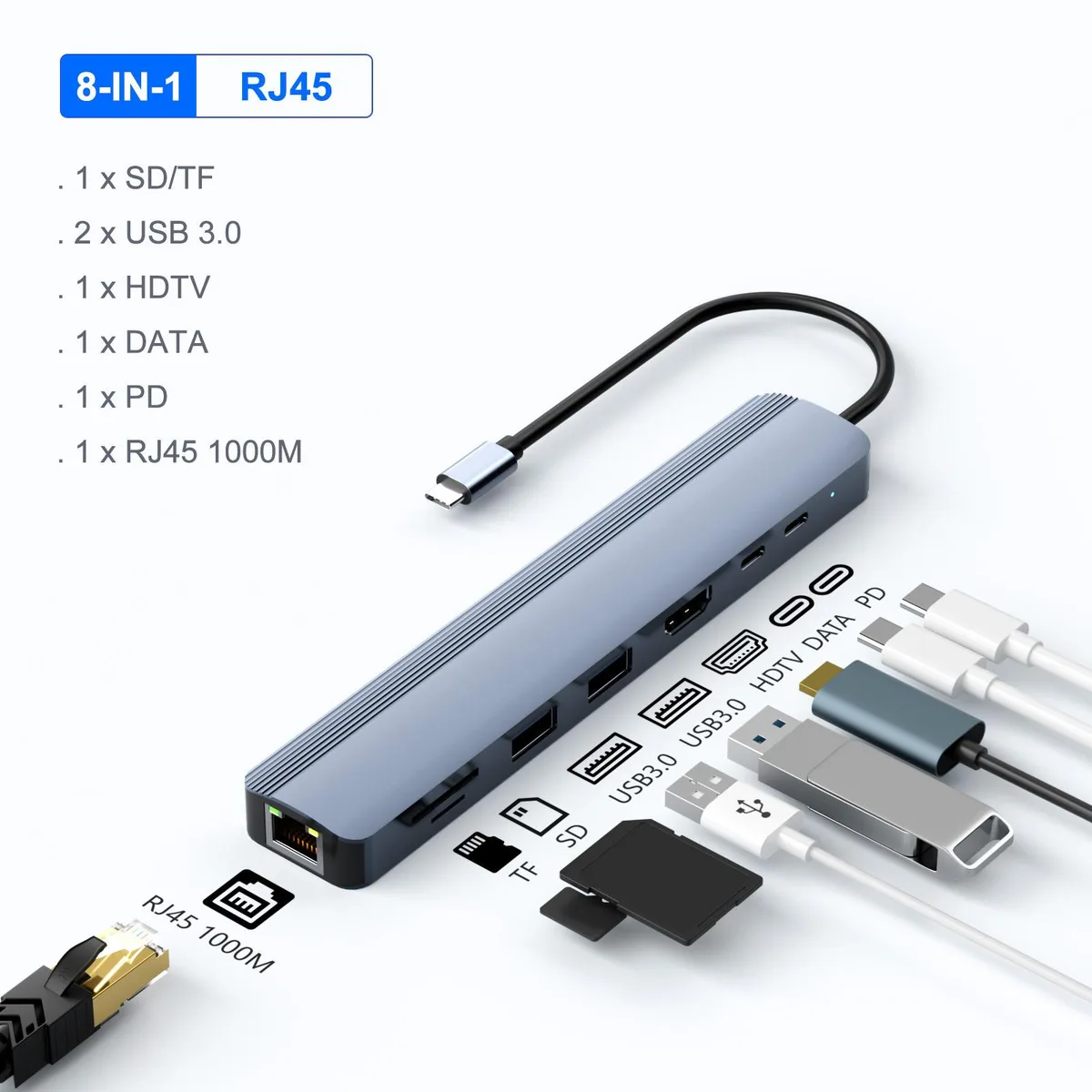QGeeM QGeeM 8-in-1 USB C Hub UH08-27-A Grey — product photo