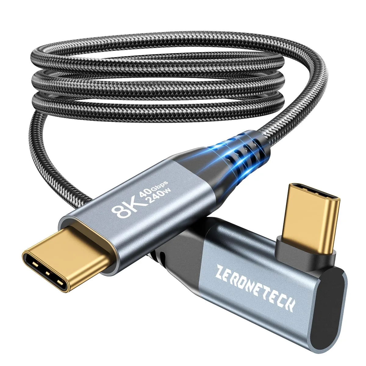 Black braided USB-C cable with right-angle connectors, 3.3 ft