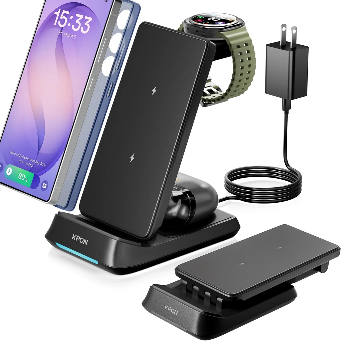 Foldable 3-in-1 wireless charger stand for Samsung phone watch earbuds