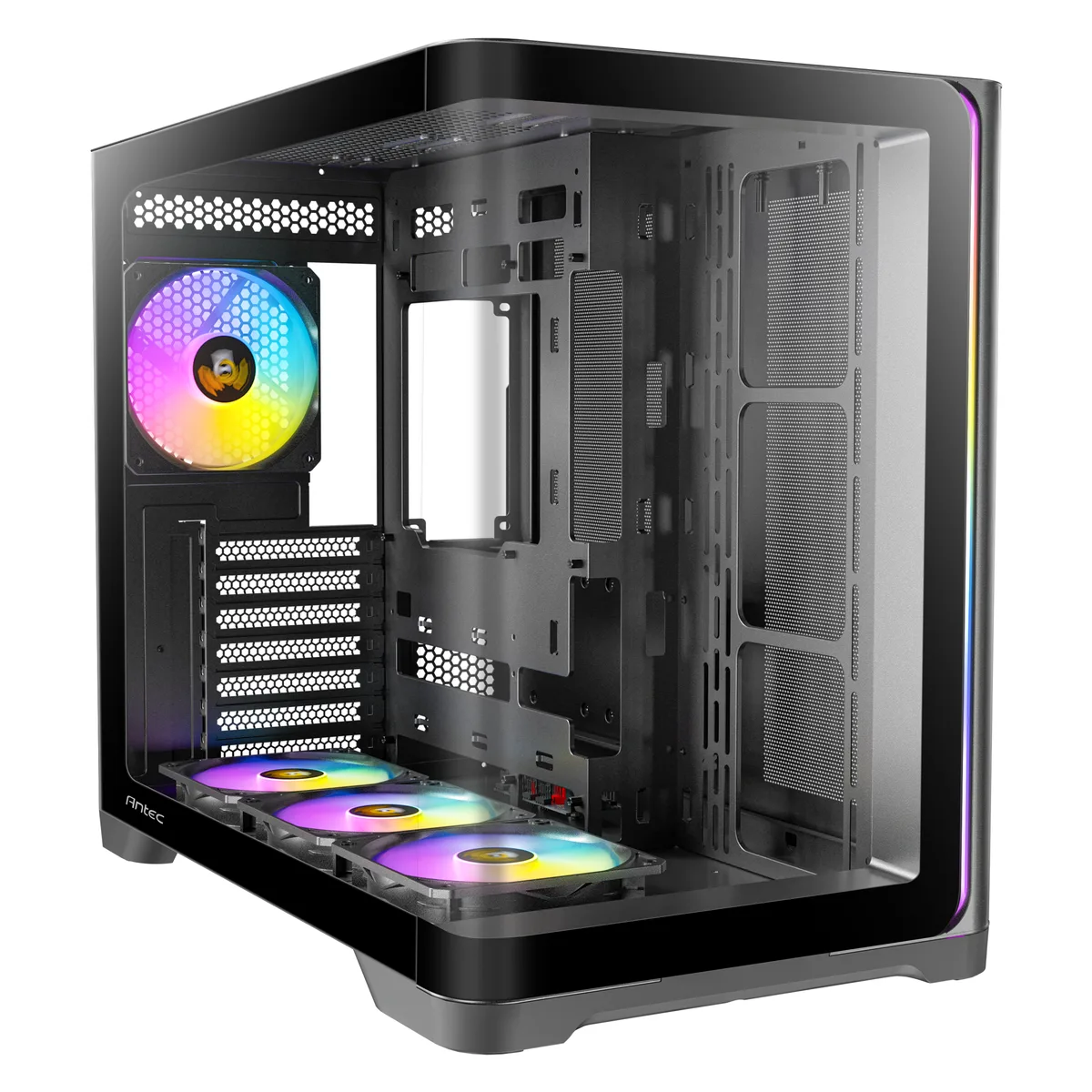 Black mid-tower case with curved tempered glass front and side panels, four pre-installed 120mm ARGB fans visible inside