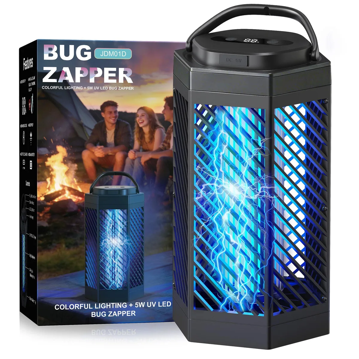 Cylindrical bug zapper with UV grid and LED light, matte finish, hanging loop visible