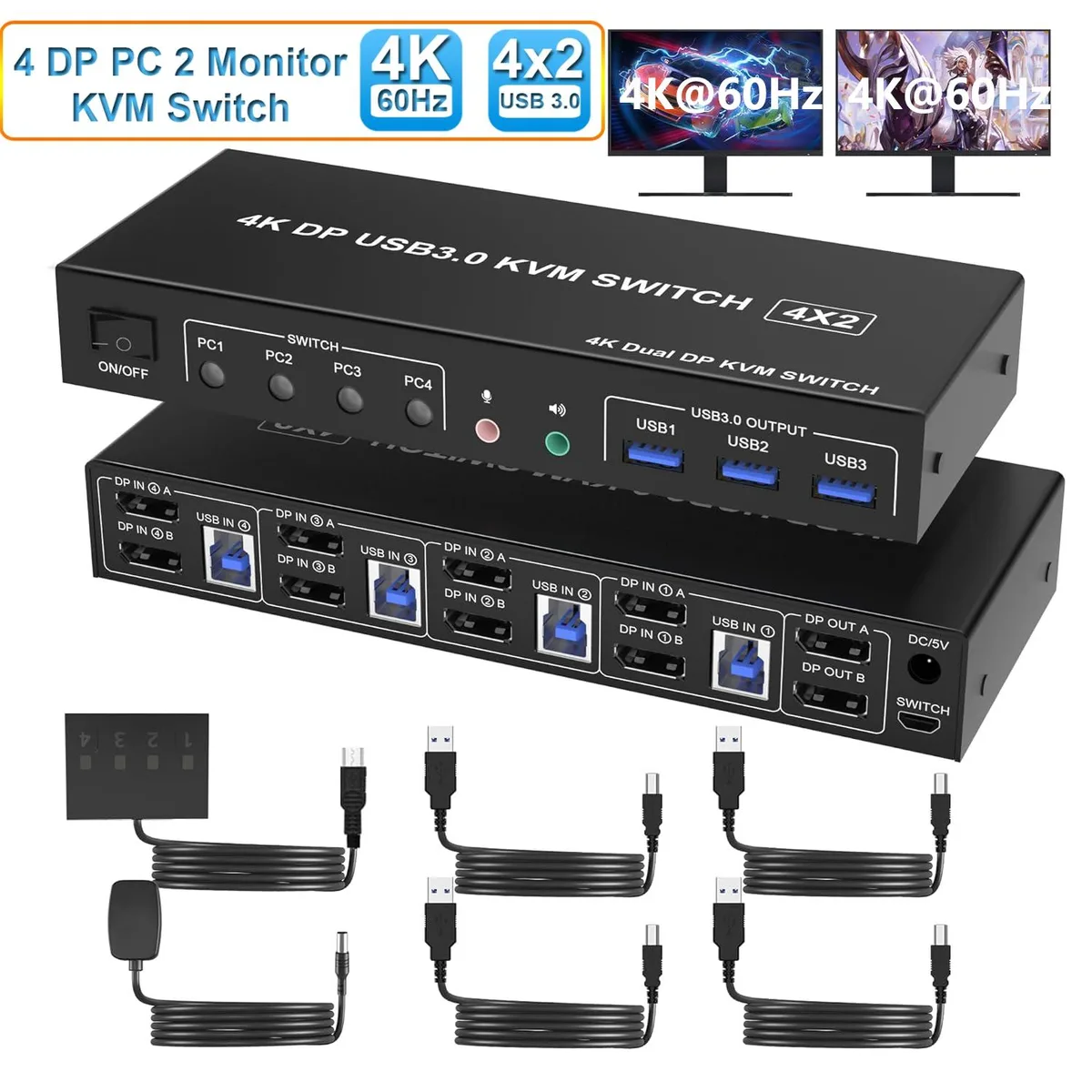 SMA SMA DisplayPort KVM Switch 4-Port Dual Monitor 4K@60Hz 3 USB 3.0 Audio — product photo