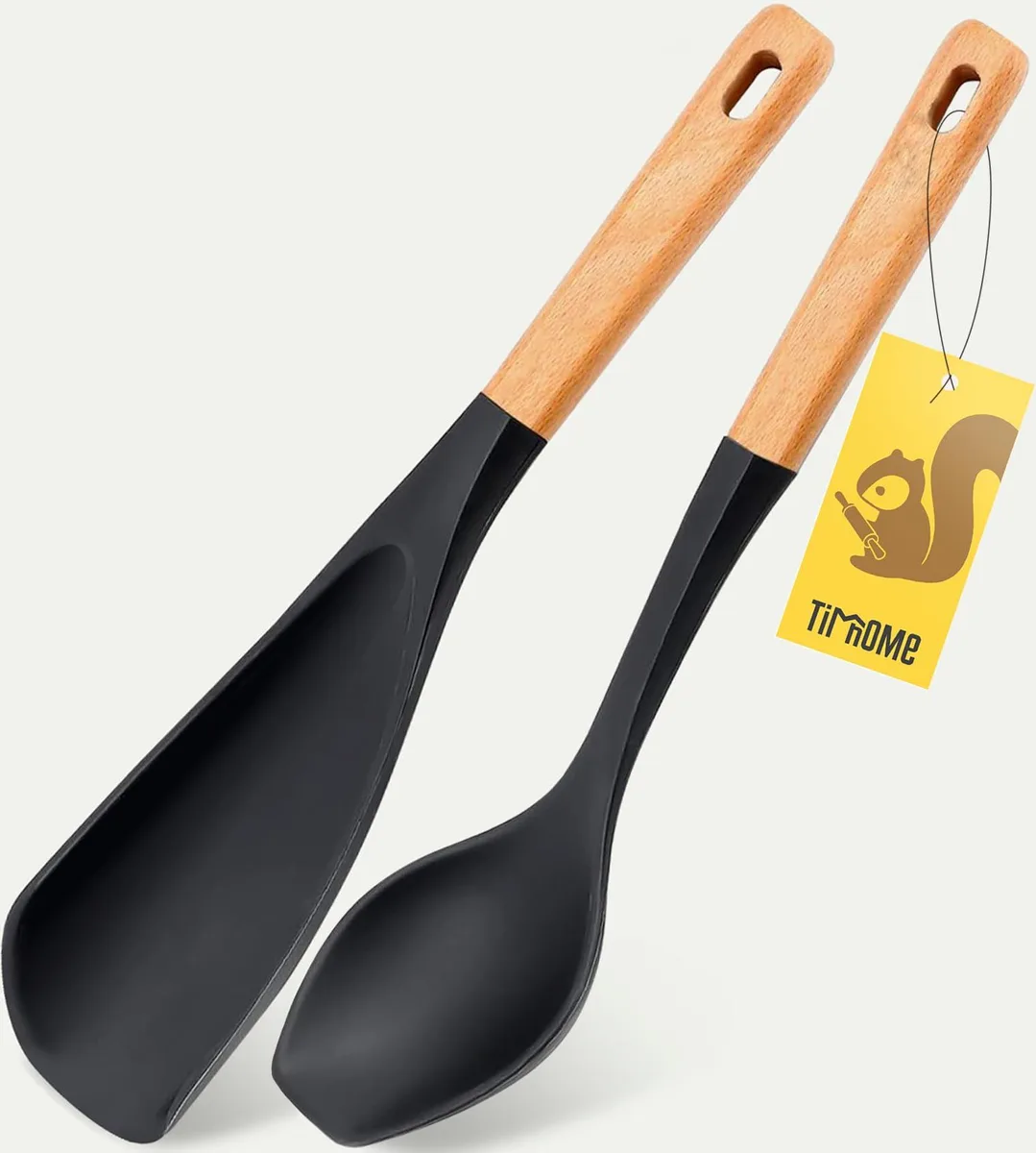 Two black silicone cooking spoons with wooden handles, 12 inches long
