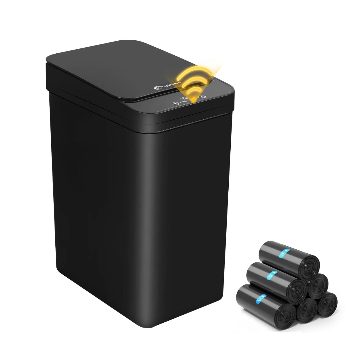 Black rectangular touchless bathroom bin with motion-sensor lid, 14.33in wide