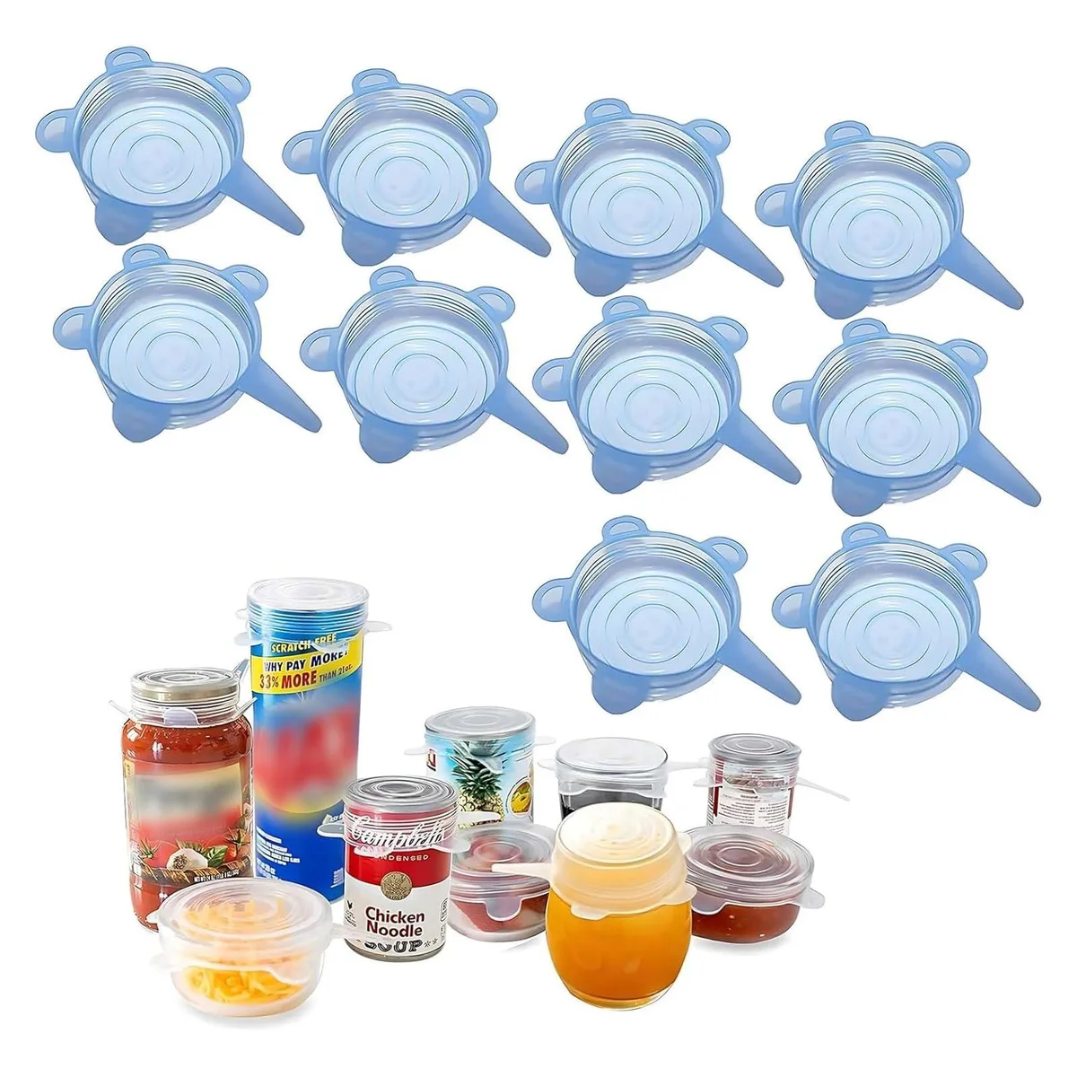 Ten blue silicone can lids stacked together, each 2.6 inches diameter