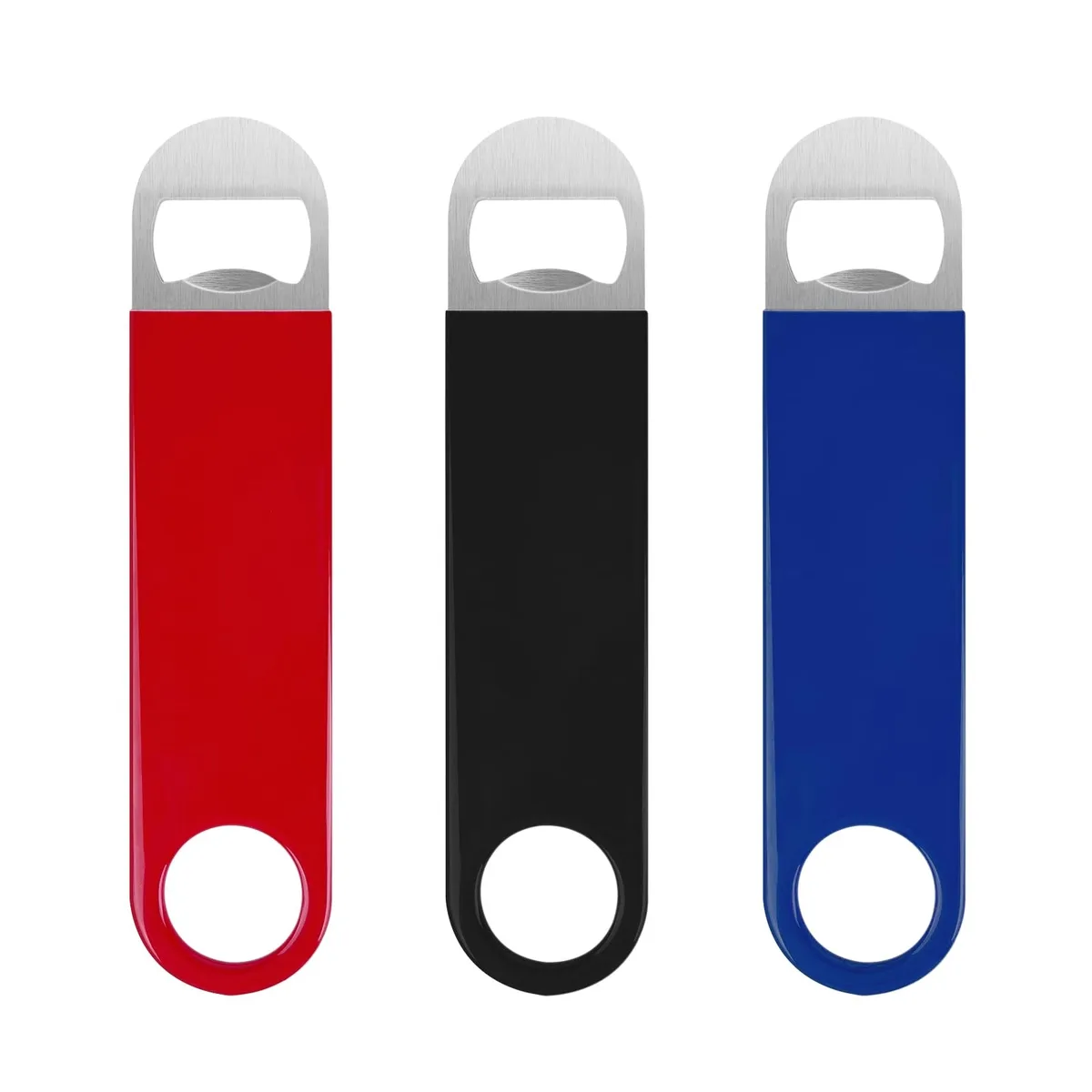 Three flat stainless-steel bottle openers in red, black and blue, 7 inches long with vinyl-coated handles
