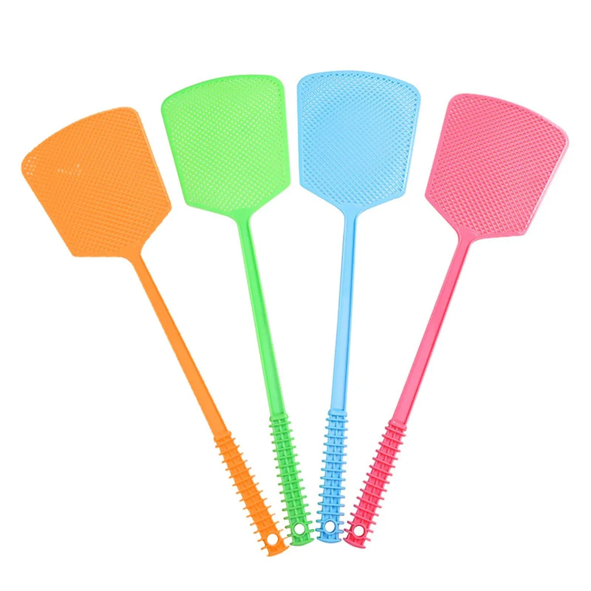 Four colourful plastic fly swatters, each 17.7in long with textured handles