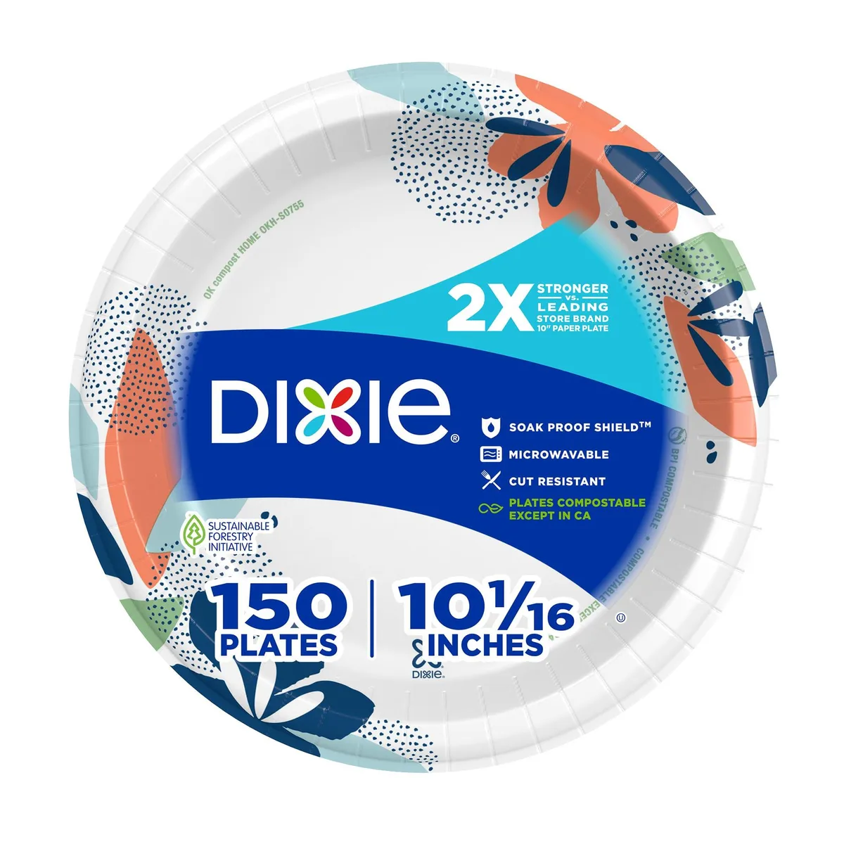 Stack of 150 round 10-inch paper plates with multicolour floral design