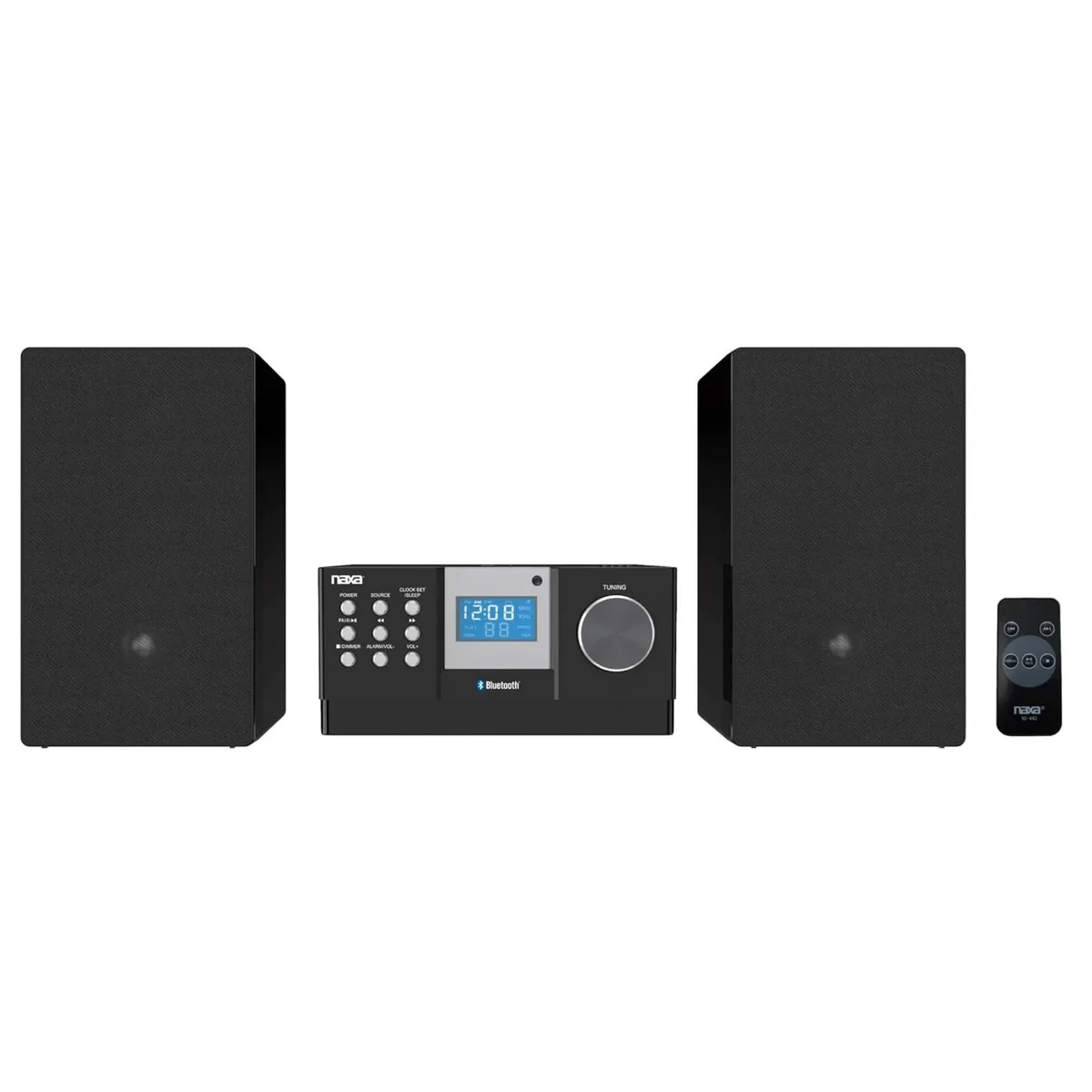 Compact black CD microsystem with top-loading player, LCD display and front speakers