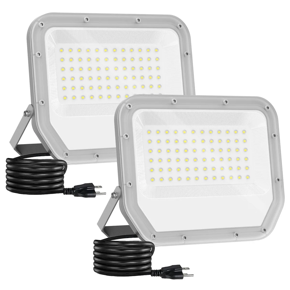 Two rectangular aluminium floodlights with white finish, 180° adjustable brackets, 59‑inch cables and plugs