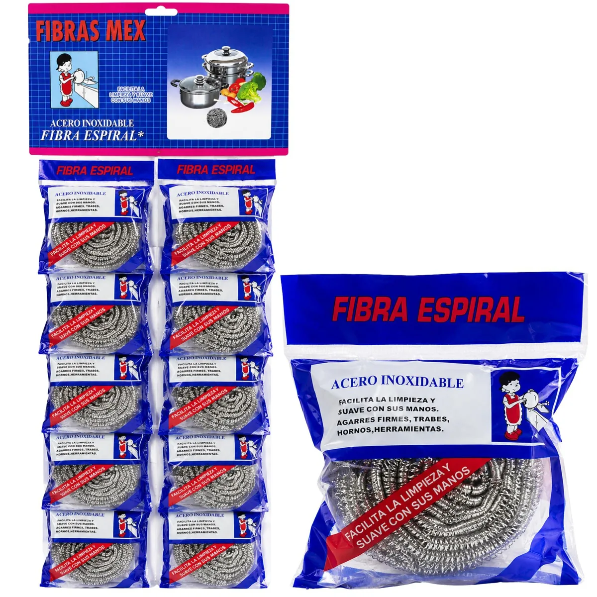 Twelve stainless steel spiral scrubbers in a pack