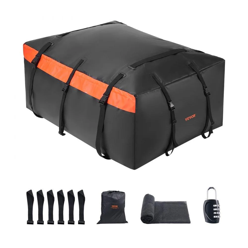 Black and orange 840D PVC rooftop cargo bag folded flat with straps and lock visible