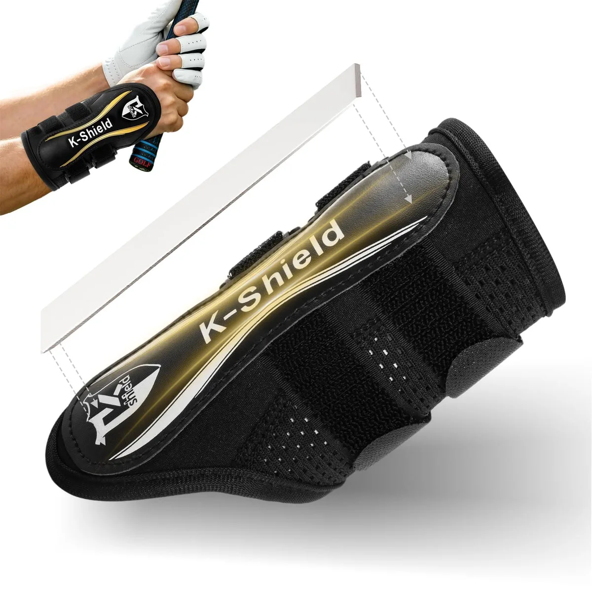 Black wrist brace with mesh fabric and adjustable straps, splint visible
