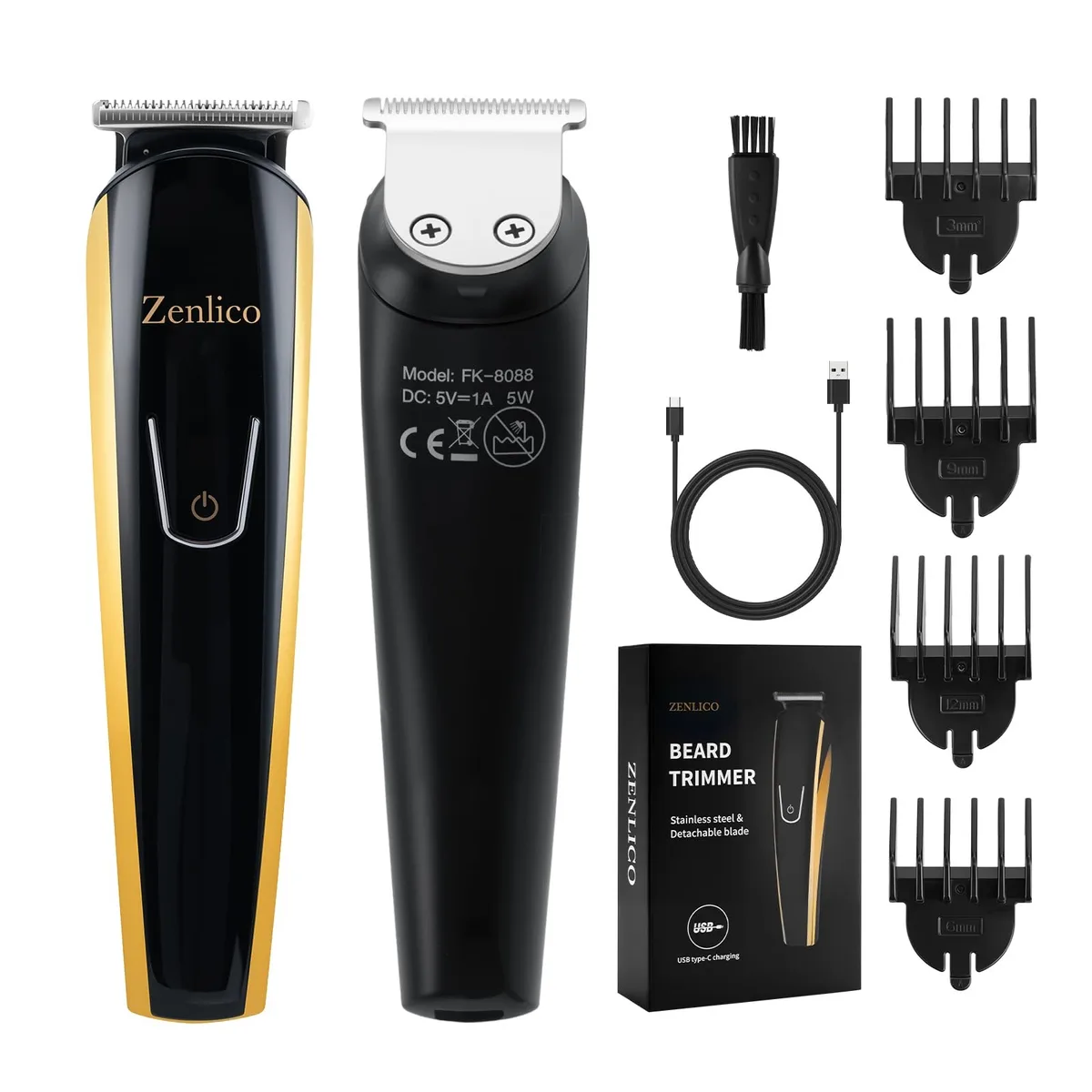 Black cordless trimmer with detachable stainless steel blade head and four guide combs