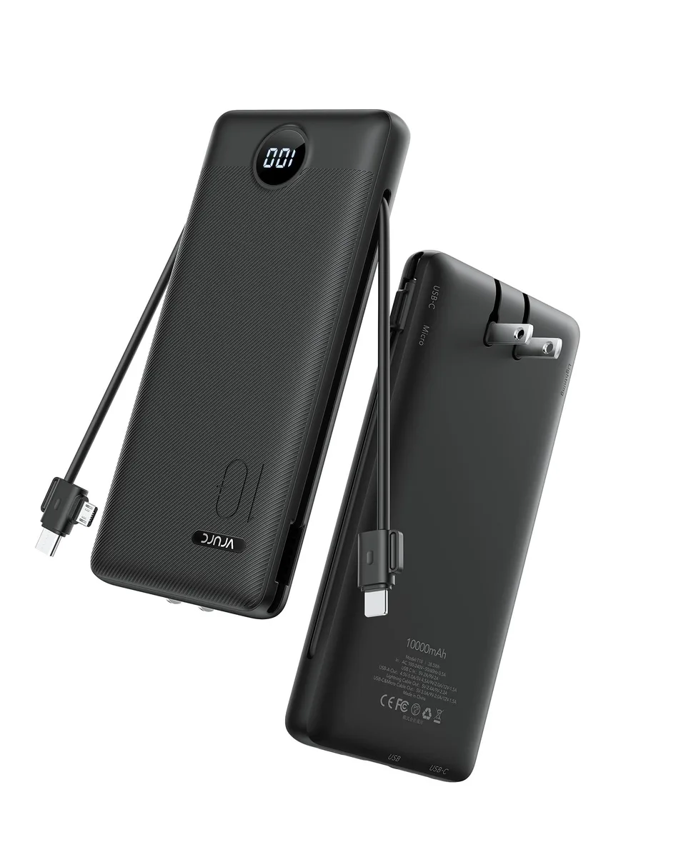  VRURC T18 10000mAh 22.5W Power Bank with AC Plug &amp; Built-in Cables Black — product photo