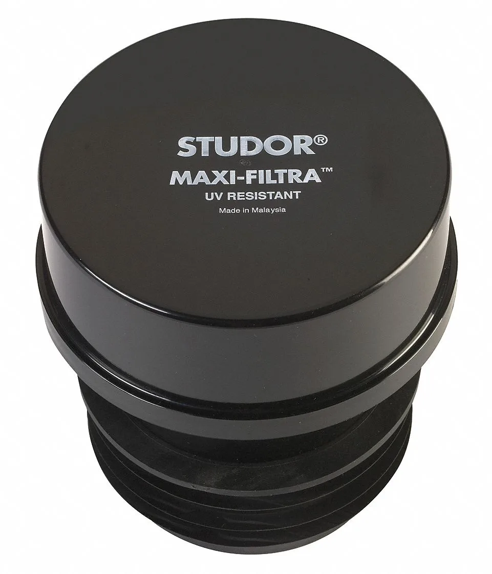 Black plastic two-way vent with rubber push-to-fit gasket and carbon filter