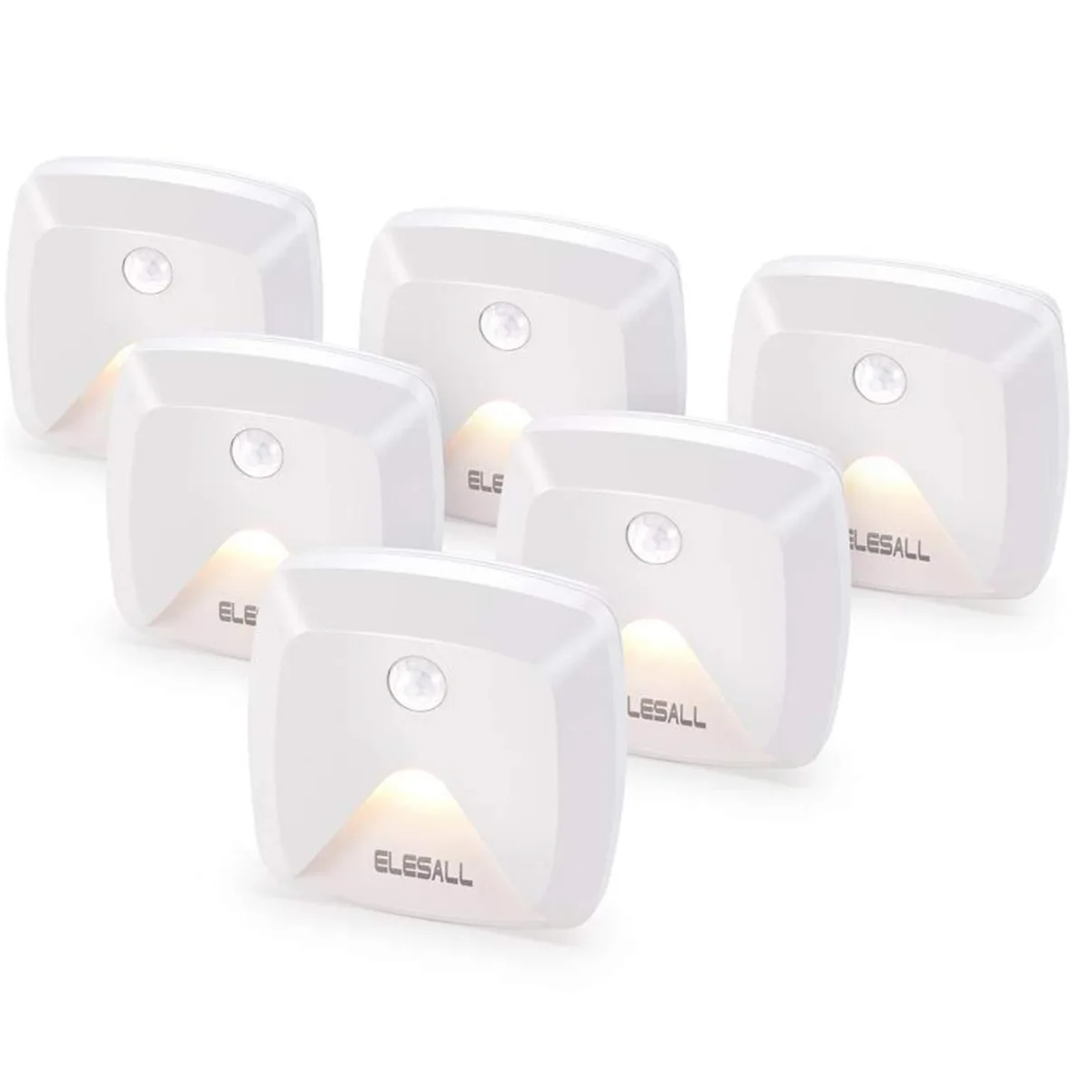 Six small white rectangular lights with clear prismatic faces and adhesive pads