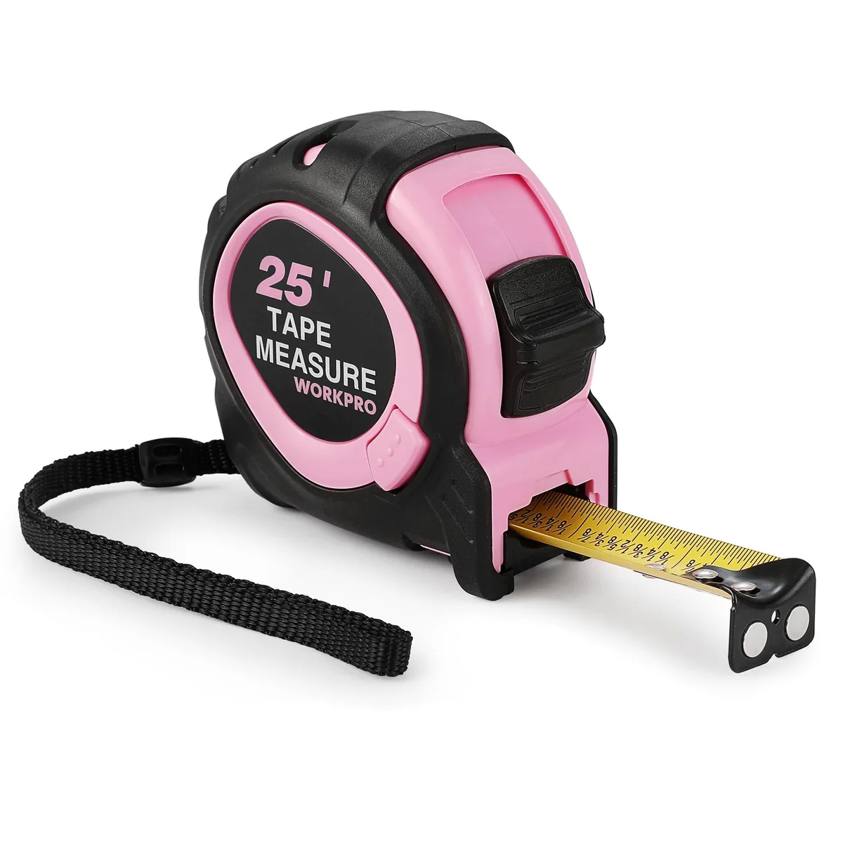 Pink 25-foot tape measure with magnetic hook and rubber grip