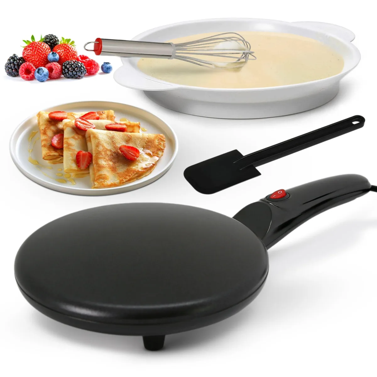 Dark black round crepe maker with long handle and on/off switch