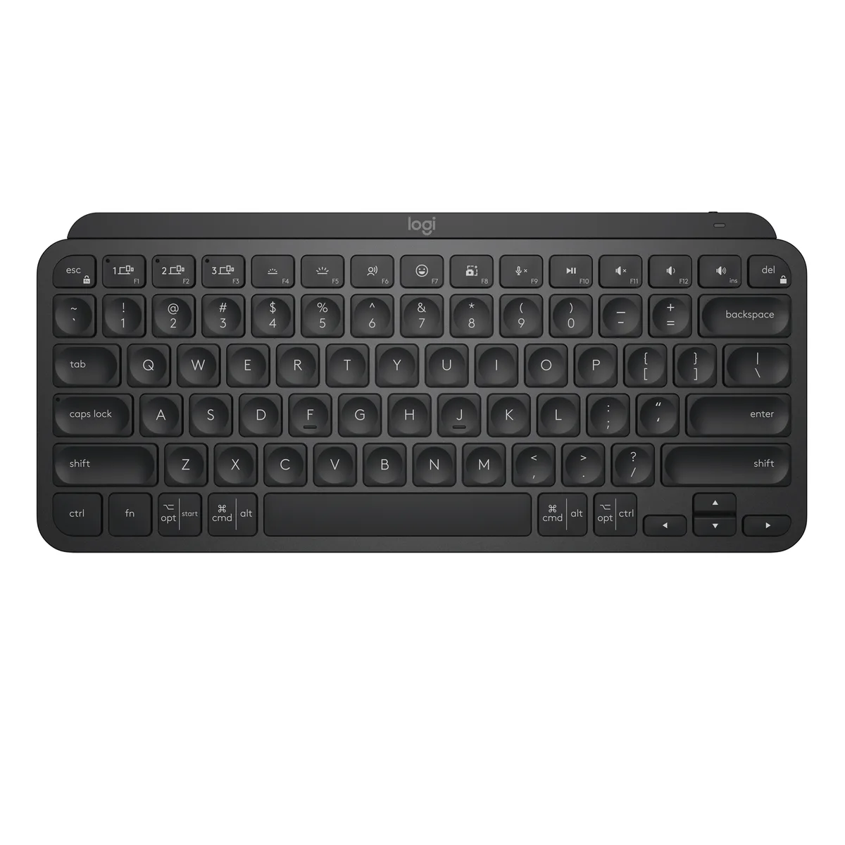 Compact black wireless keyboard with backlit tactile keys and USB-C charging cable