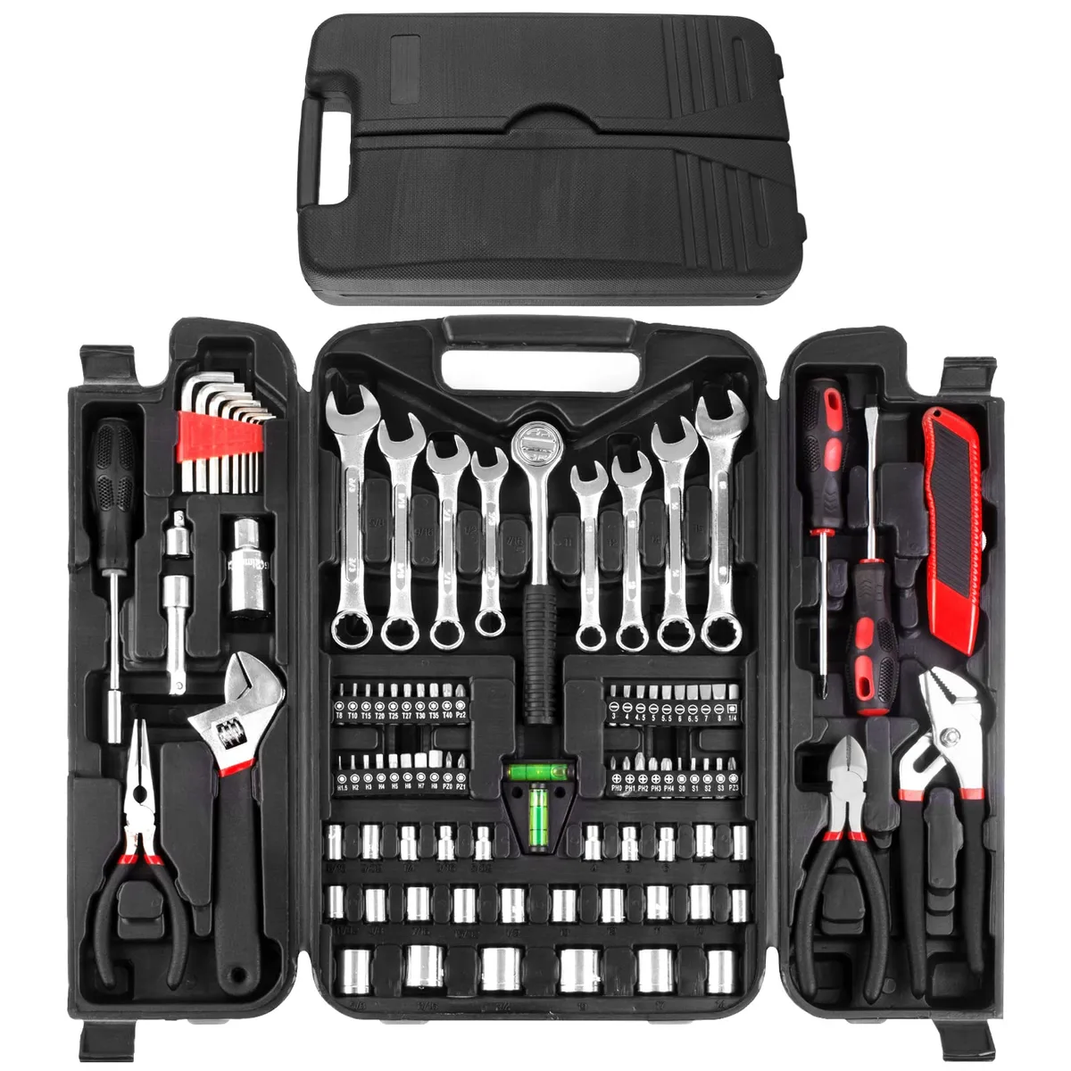 Red portable toolbox containing 95-piece mechanics tool set
