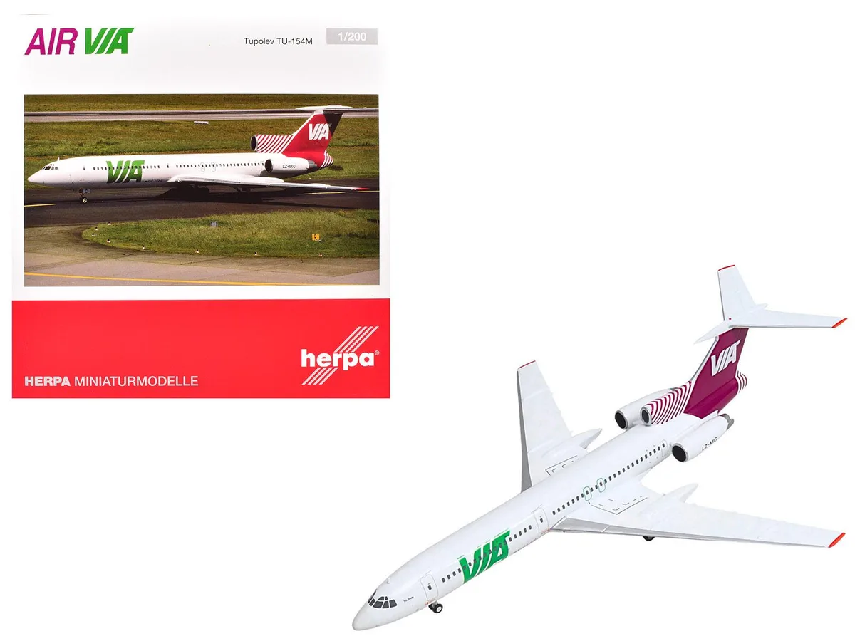Herpa Herpa Tupolev TU-154M Air Via LZ-MIG White Red Tail 1/200 Diecast Hobby Collectible — product photo
