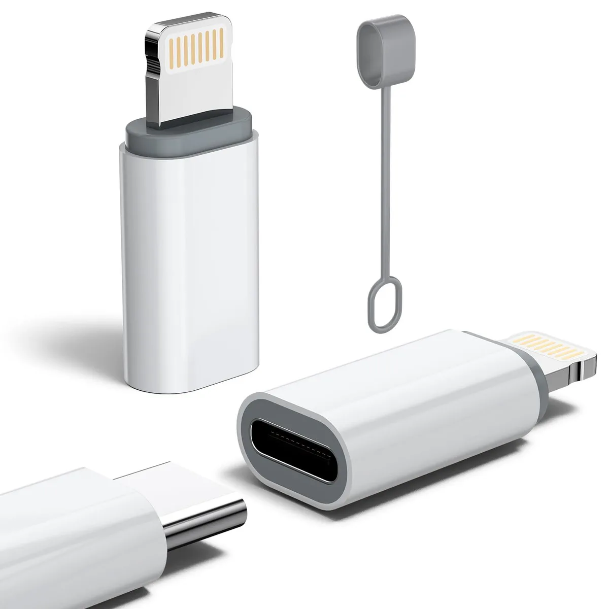 Two white USB-C to Lightning adapters with anti-lost loops