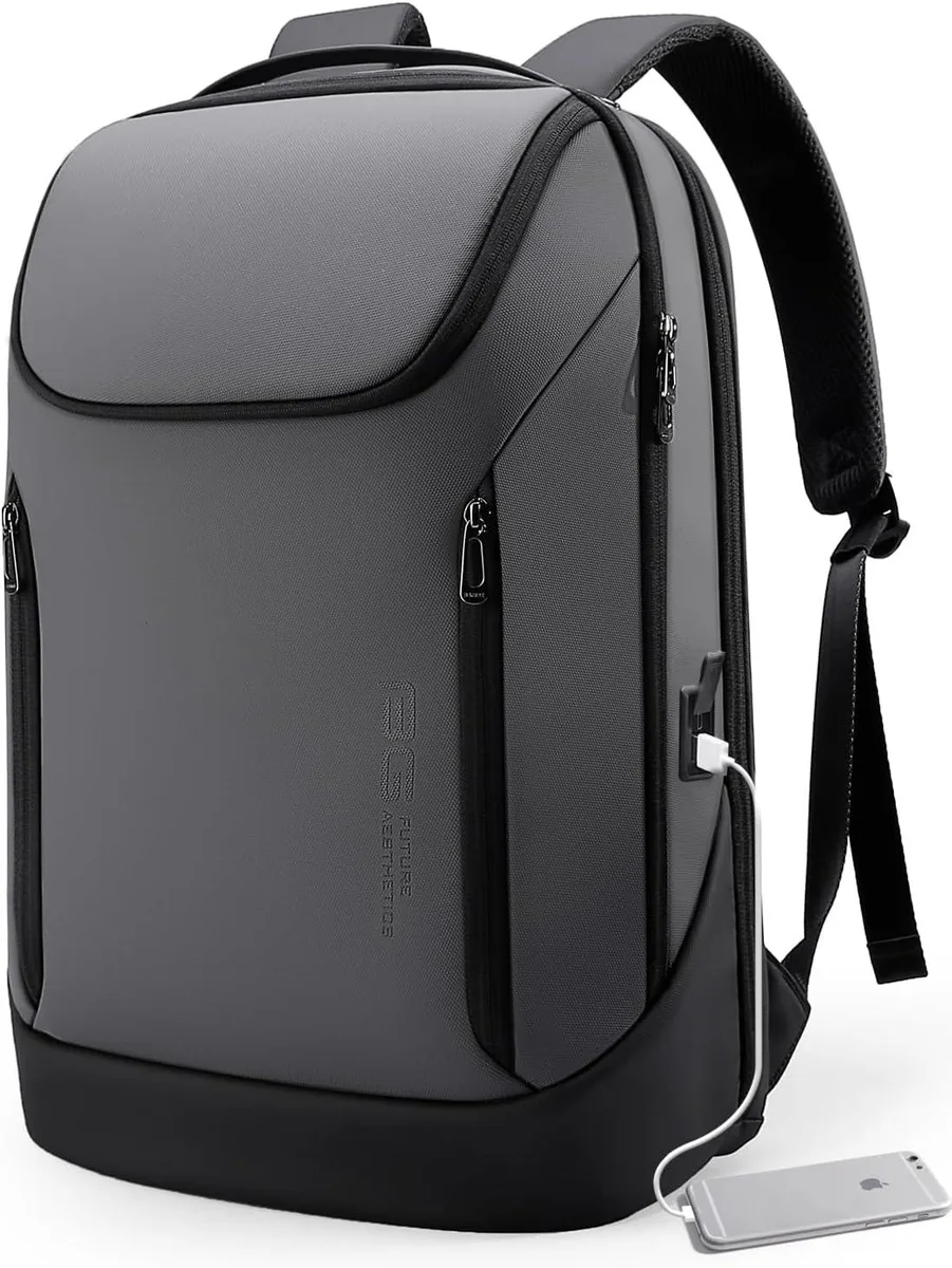 Grey waterproof backpack with USB port, 15.6 inch laptop fit, 180 degree opening, multiple pockets