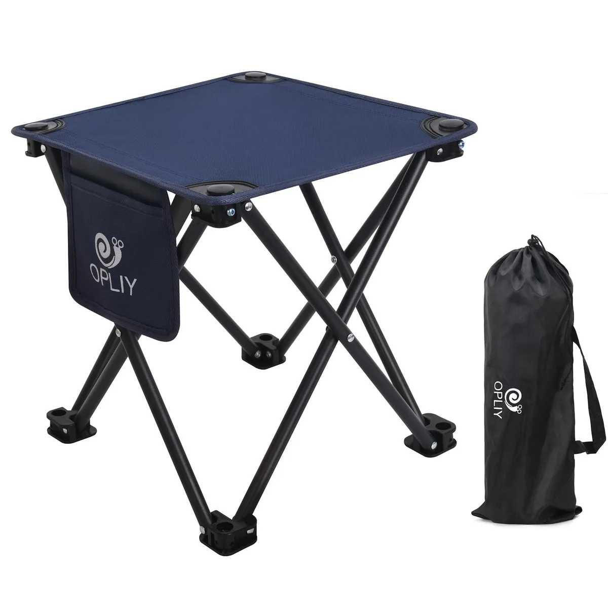 Blue folding camp stool with steel frame and Oxford cloth seat side pocket visible