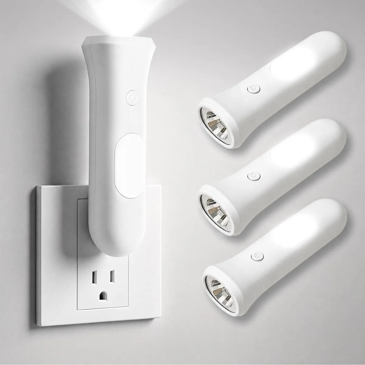 Three white rectangular plug-in flashlights with rounded edges, shown side by side
