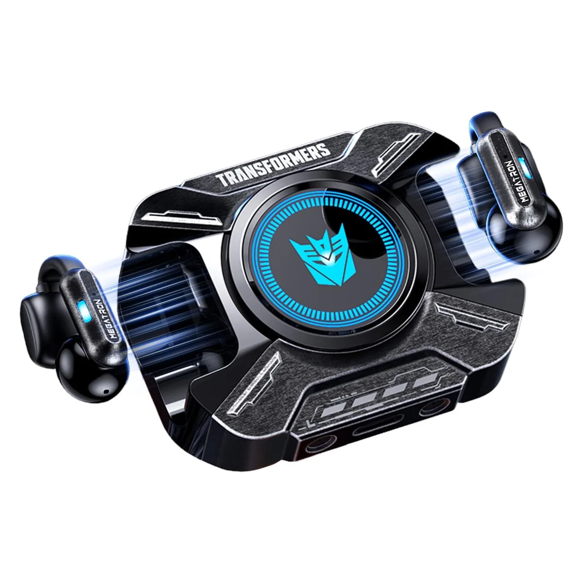 Black open-ear clip-on earbuds with mecha-style charging case