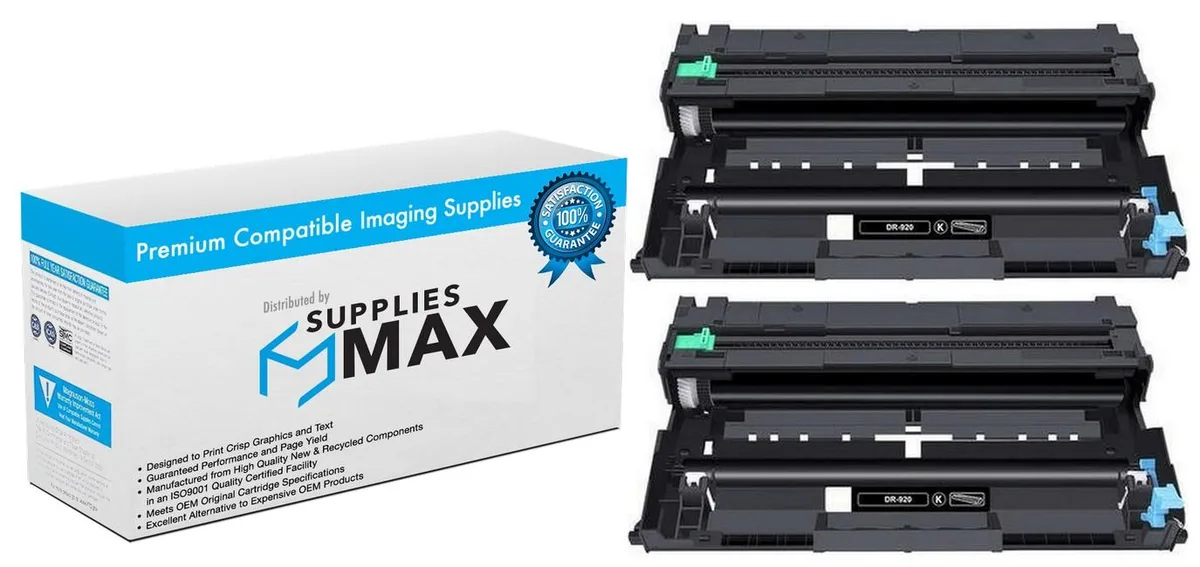 Two black drum units in white packaging, rectangular with green circuit board visible