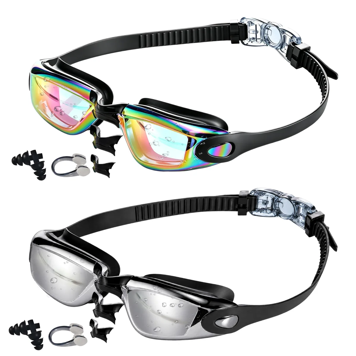 Two black swimming goggles with curved lenses and silicone seals