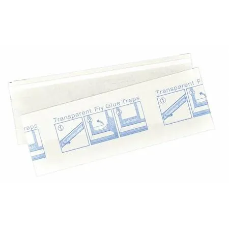 Four transparent adhesive fly trap strips 7 in by 3 in