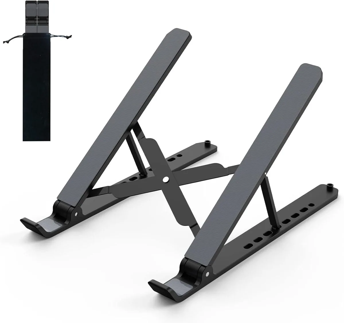 Black foldable laptop stand with triangular frame, silicone pads and open ventilated design