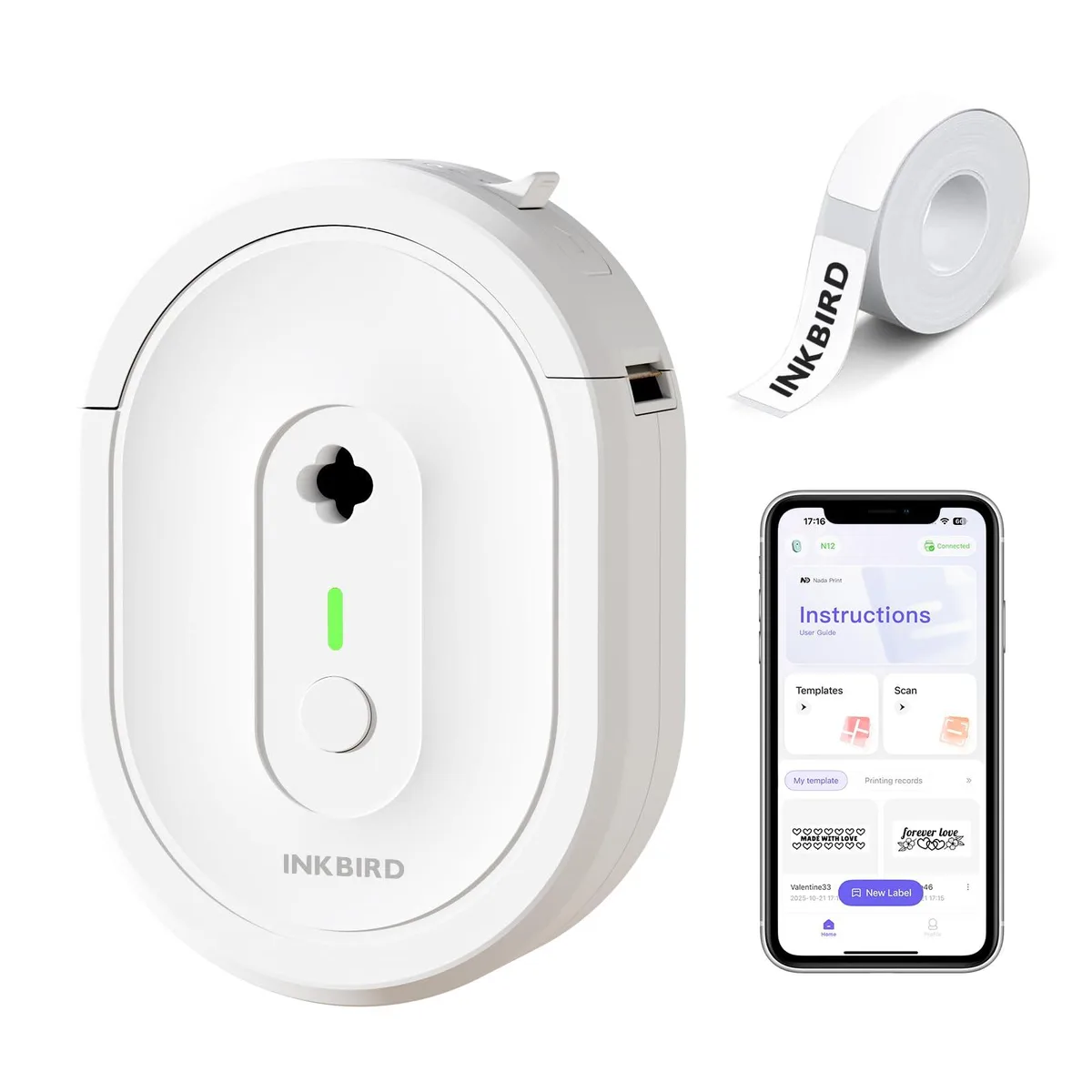 Compact white label printer with 15 mm tape roll and USB-C cable