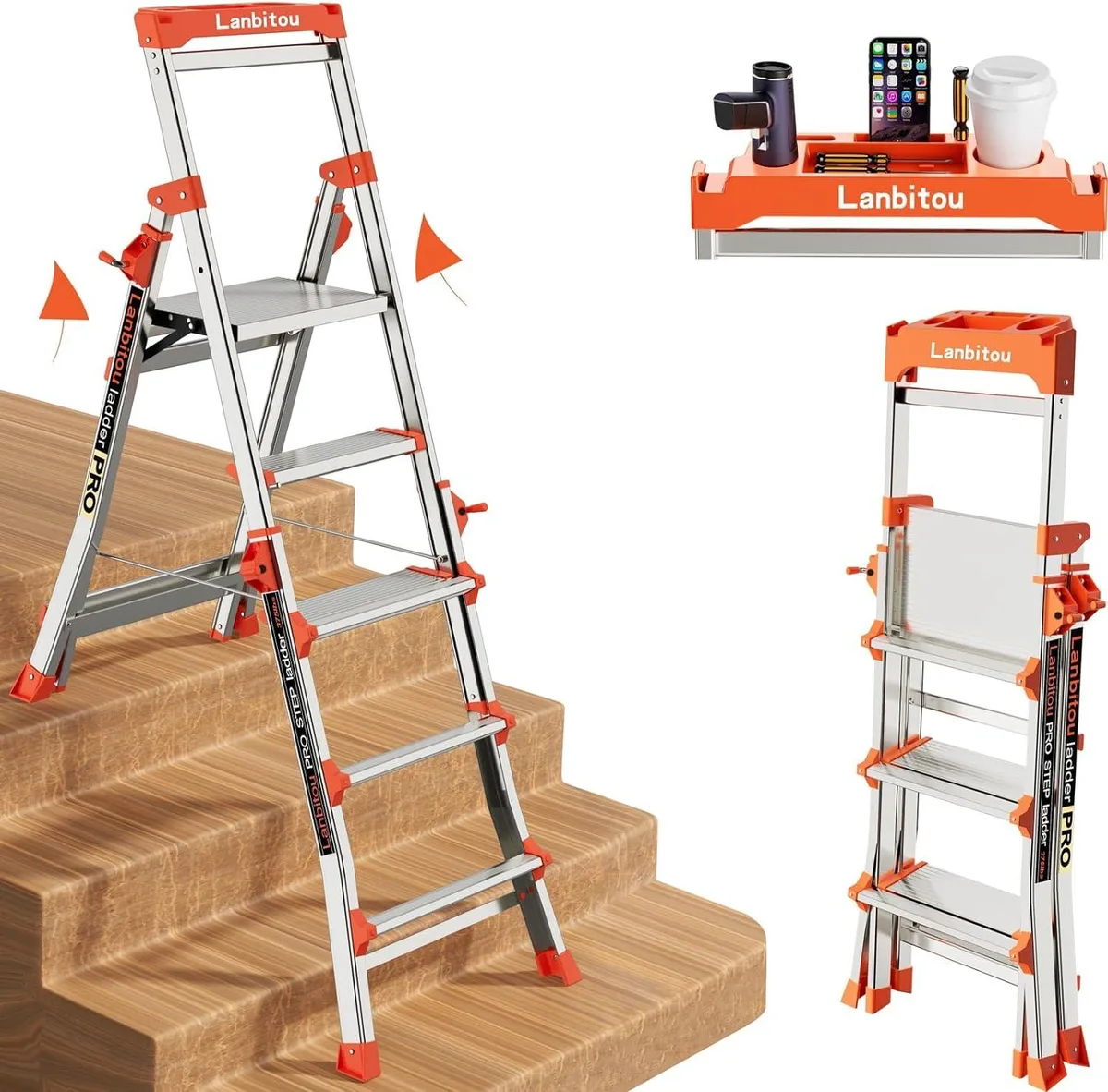 Silver aluminium five-step telescoping ladder with side handrails and a top tool tray