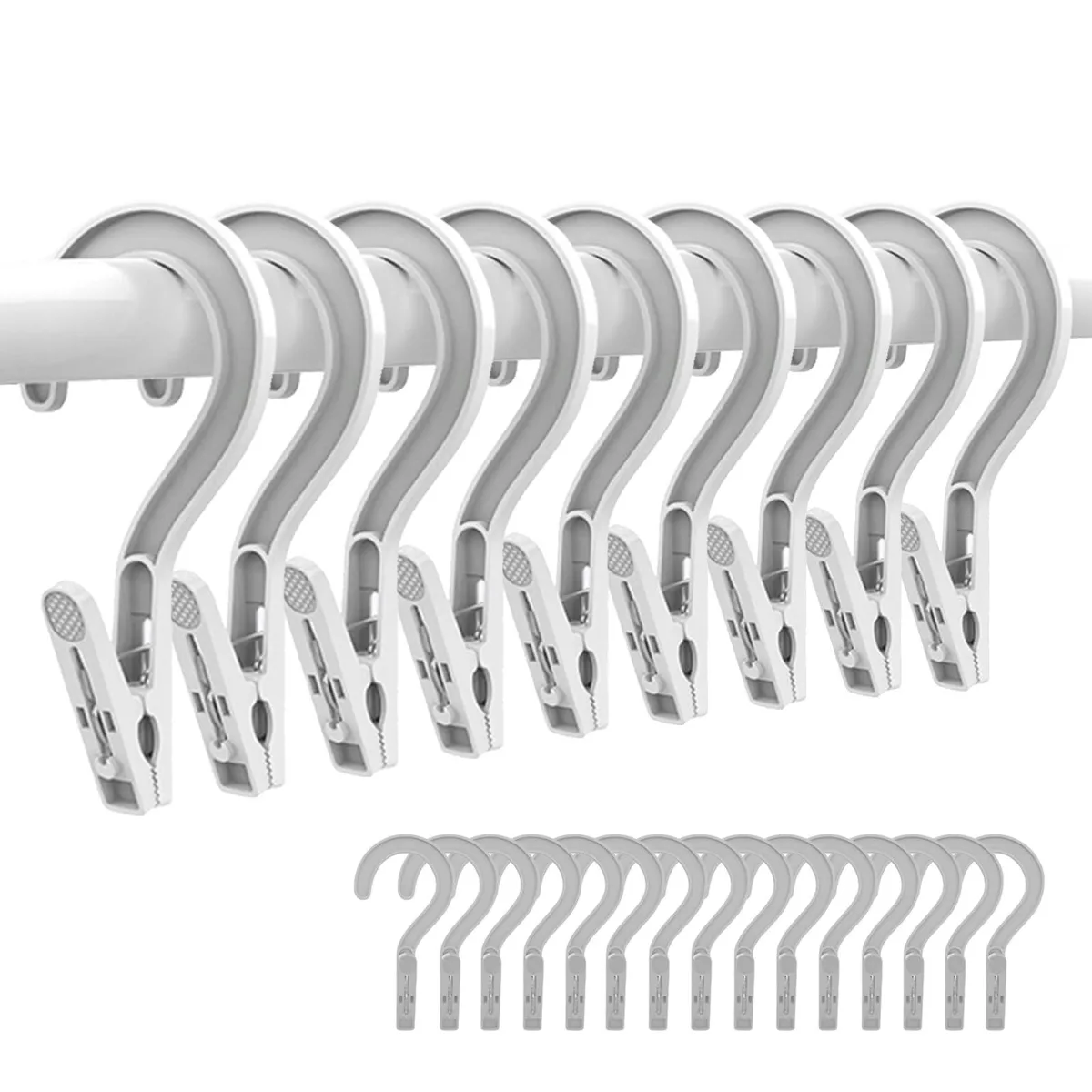 Twenty-four white plastic laundry clips with hooks, compact and lightweight