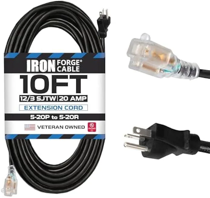 TAURKENAM TAURKENAM 10 Ft 20 Amp 5-20P to 5-20R Lighted Black SJTW 12 Gauge Power Adapter — product photo