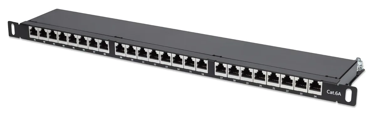 Intellinet Intellinet 720922 Cat6a Shielded Patch Panel 24-Port FTP 19" .5U 90° Top-Entry Black — product photo