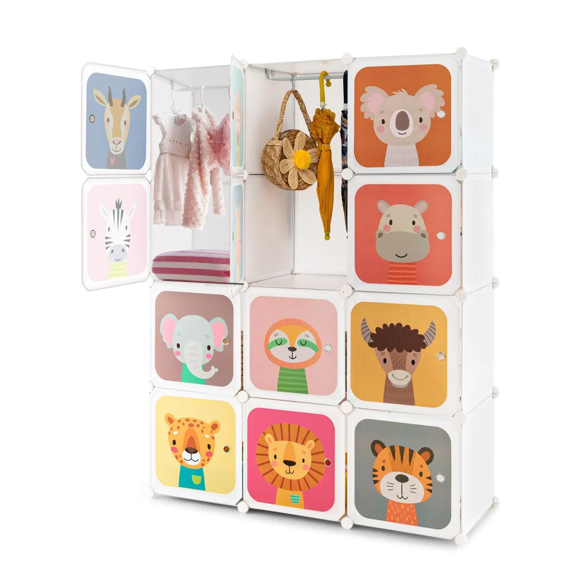 SlickBlue SlickBlue 12-Cube Kids Wardrobe Closet White Multi-Colored Doors 43x14x57in — product photo