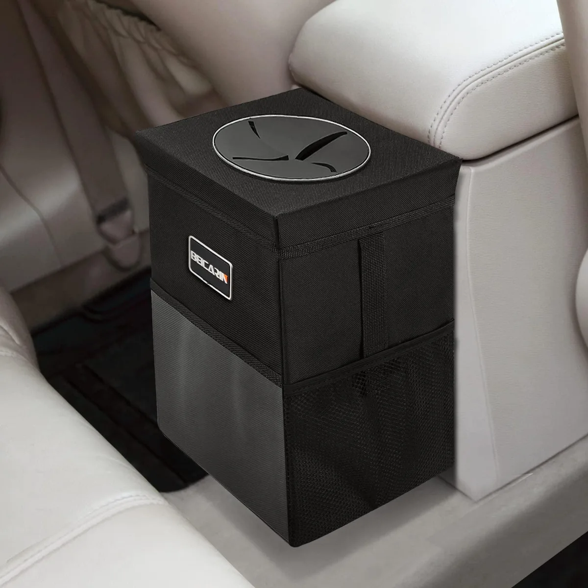 Three white collapsible car trash cans with lids and side pockets