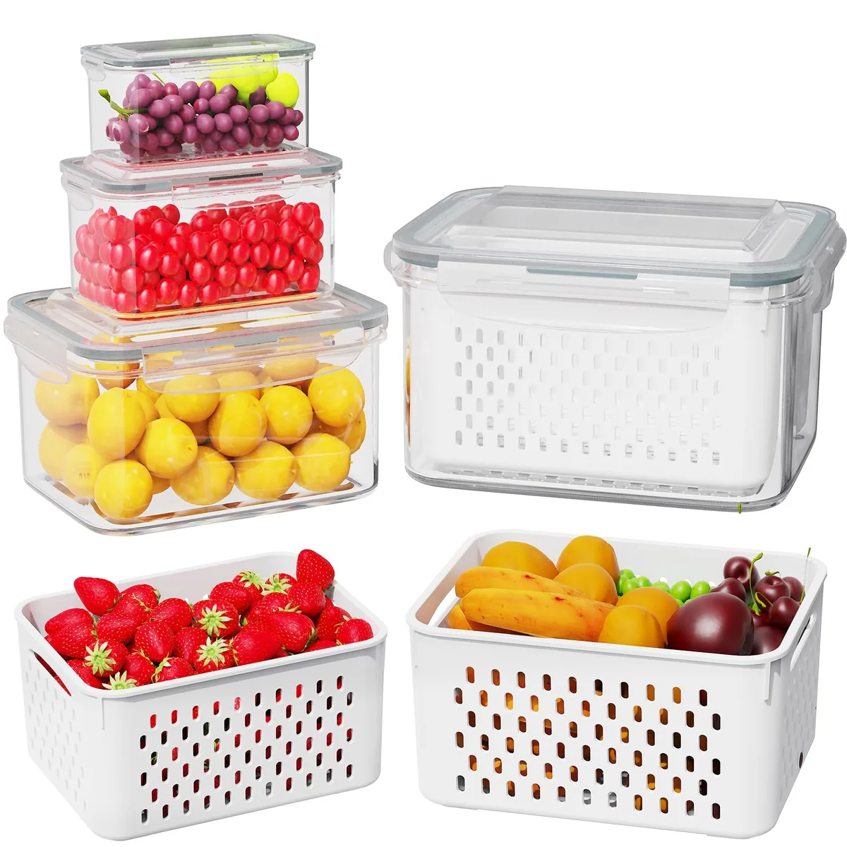 Four clear rectangular containers with drain baskets and sealed lids, stacked together