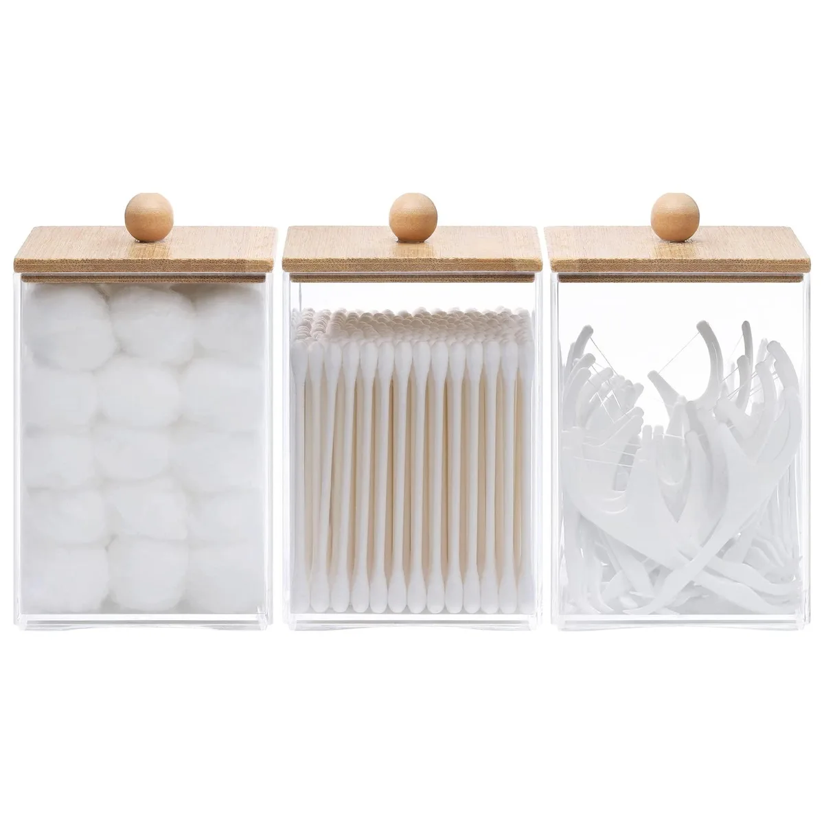 Three square plastic jars with bamboo lids, beige finish