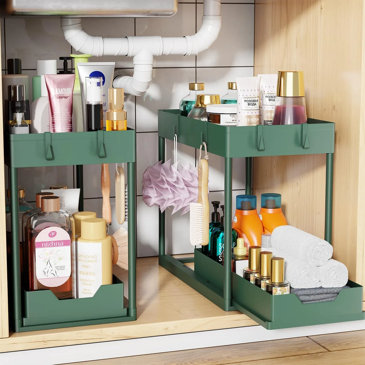 Green glossy two-tier sliding bath storage unit, 15.5 by 8.5 by 13.1 inches