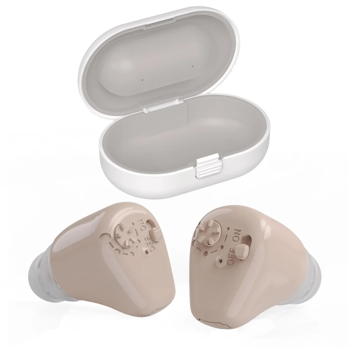 Two tiny beige in-ear hearing amplifiers in a set