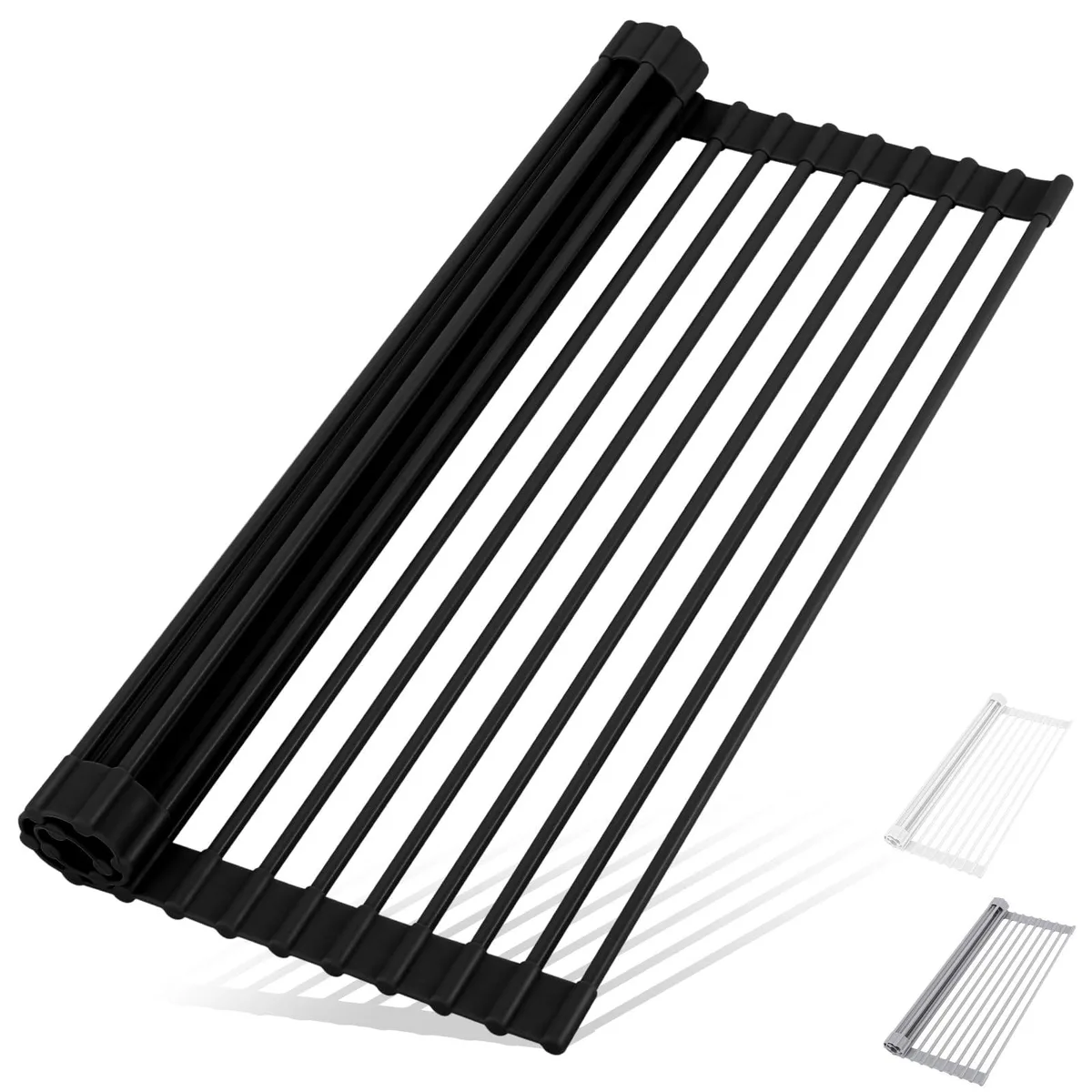 Black roll-up drying rack, 17 by 13 inches, silicone-coated metal rods